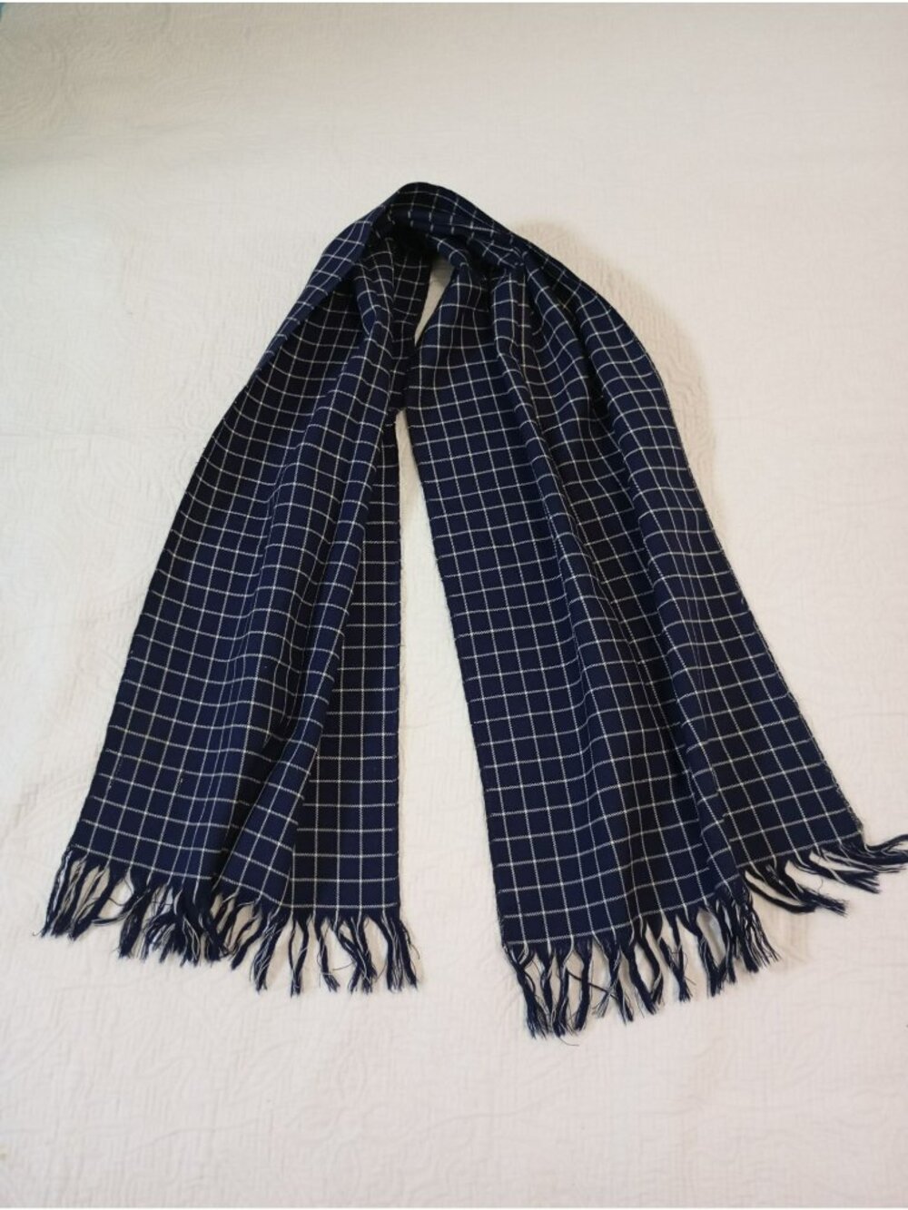 Vintage Lord Corson Scarf Navy 100% Wool Unisex White Windowpane Pattern Fringe